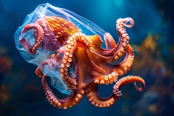 Startling image of an octopus enveloped in a transparent plastic bag, symbolizing urgent environmental concerns and marine conservation - obrazy, fototapety, plakaty