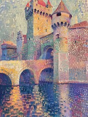 This vibrant piece portrays a castle with towers and a stone bridge reflecting in water, using a mosaic-like technique for a textured look