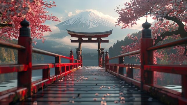 AI-generated illustration of a red torii gate against the background of Mount Fuji