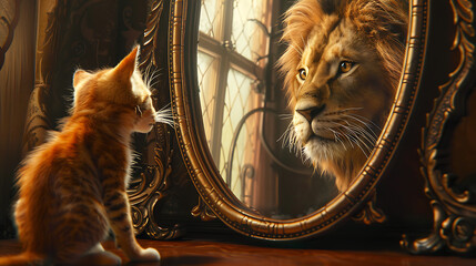 Tiny fuzzy cute cat looking into a large mirror seeing a huge ferocious lion reflected back, Fierce, elegant, formidable