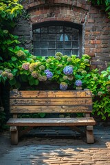 Fototapeta na wymiar Soft sunshine illuminates a quaint garden bench, lush greenery surrounds, a serene reading nook awaits