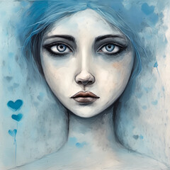Sad young woman's face and heart theme in an absurdism style with blue tones, AI-generated.