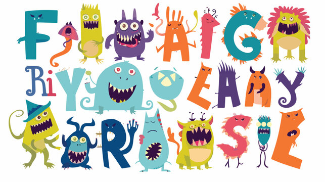 Funny monsters cartoon alphabet flat vector isolated