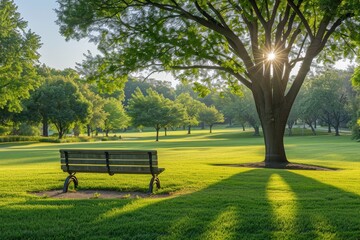 Soft sunlight bathes the peaceful park bench on a calm morning with trees providing gentle shade in the area
