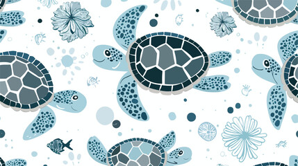 Funny turtles pattern. Vector blue grey and white