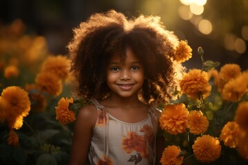 AI generated illustration of a black girl child with afro hair in park