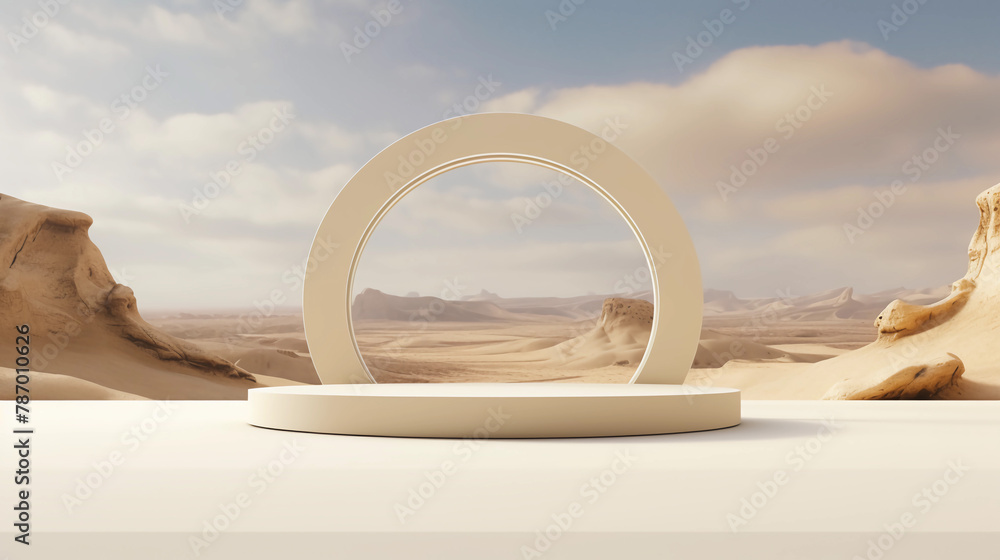 Poster AI generated illustration of a circular mirror atop a platform in a sandy landscape