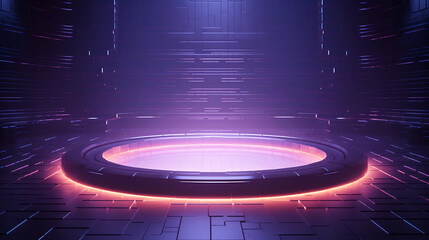 AI generated illustration of a dark room with a portal with neon lights