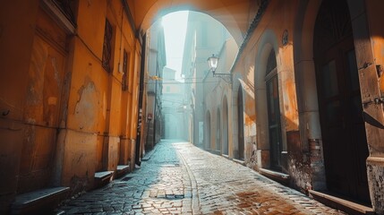 Sun rays filtering through an archway in a medieval town, historical charm, morning warmth
