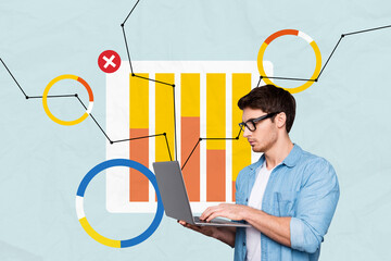 Composite trend artwork sketch image 3D photo collage of young office manager student guy work on laptop stats graphics diagram increase