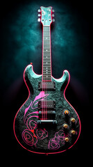 A colorful guitar is shown in a photo with smoke in the background.