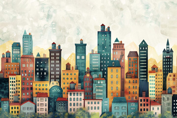 Whimsical illustration of urban cityscape with varied building designs