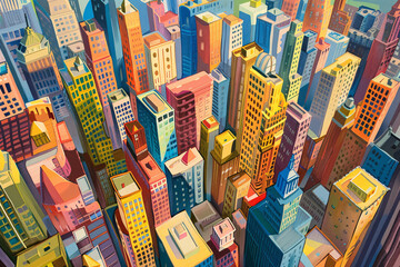 Colorful stylized cityscape with dense high-rise buildings