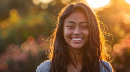 Portrait of a lovely female student smiling outdoors in the glowing light of the setting sun