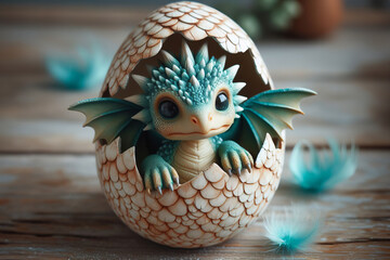 Close-up toy dragon in egg, newly hatched baby dragon, intricately detailed scales, magic frozen ice phoenix egg,