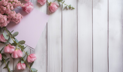 Light wooden background with pink flowers and eucalyptus branches. Template with sheet of paper and floral decoration, mockup with copy space