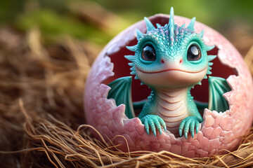 a dragon egg with a baby inside lies in a nest,
