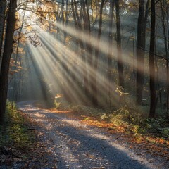 Obraz premium Sun rays on a forest path, dappled light, inviting journey, morning tranquility