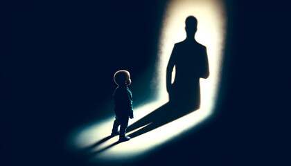 A child illuminated by a bright light from the front, with their shadow forming the silhouette of a businessperson. A youth and future aspirations.