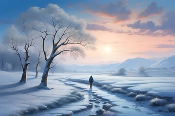 AI generated illustration of a lone figure strolling in winter field
