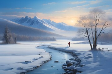AI generated illustration of a person skiing on a snowy river in cross-country style