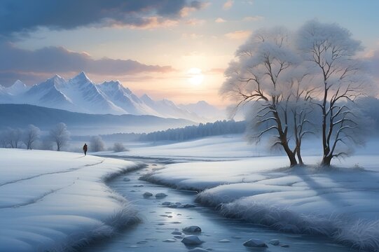 AI generated illustration of a man strolling in snowy mountain landscape in a painting