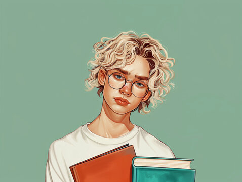 Portrait coloré d'un étudiant androgyne aux cheveux bouclés blond avec des lunettes rondes, il porte des livres d'études, portrait isolé sur fond vert