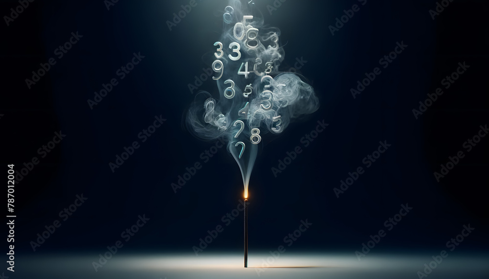 Poster a single lit candle with multiple numbers floating up as smoke in a dark background.