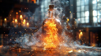 AI generated illustration of flames erupting from a bottle on a table - obrazy, fototapety, plakaty