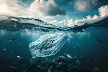 Plastic pollution in the ocean captured with an underwater view of a fish trapped in a transparent plastic bag, illustrating the concept of environmental threat and marine conservation. - obrazy, fototapety, plakaty