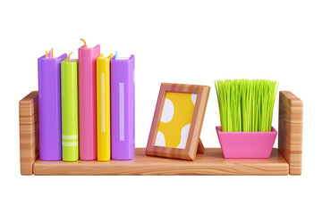 Book stack with hard cover standing and laying, and photo frame and plant in pot on wooden shelf.