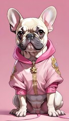 AI illustration of a cute cartoon dog in a pink outfit with sunglasses on