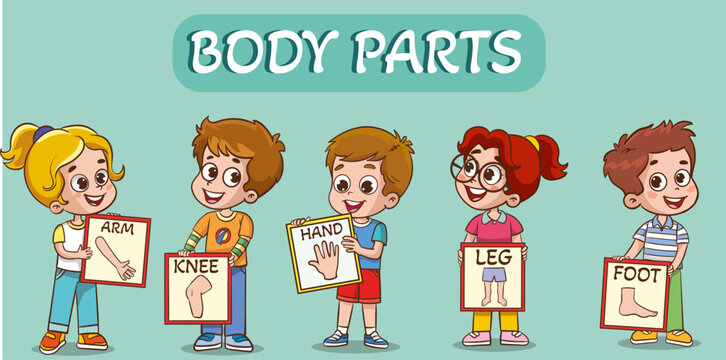 Vector illustration of little kids holding cards about 5 senses.Vector illustration of little children showing parts of the body