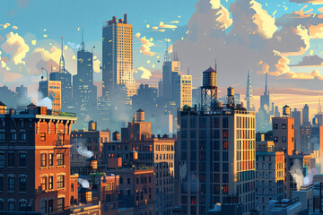 Urban cityscape featuring tall buildings under a sky filled with fluffy clouds and sunlight, creating a dynamic, vibrant city atmosphere