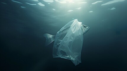 Fish Trapped in Plastic Bag Underwater, Symbolizing the Threat of Ocean Pollution to Marine Life - obrazy, fototapety, plakaty