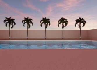 simple concrete pool sunset palm tree 3d