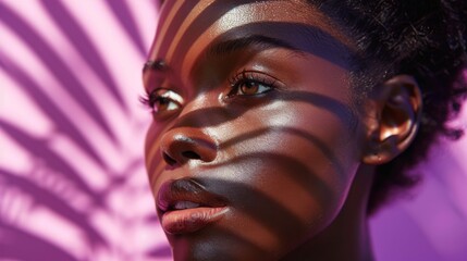 A playful portrait of a model with beige skin, with scattered palm shadows adding a whimsical touch, set against a bright purple background
