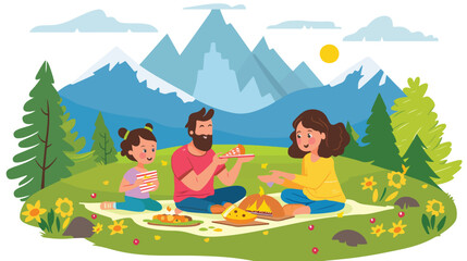 Obraz na płótnie Canvas Parents and children having a picnic outside near the