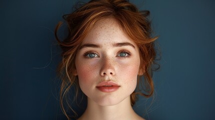 Naklejka premium An elegant portrait of a model with porcelain skin, with light palm shadows adding a subtle design, set against a classic navy blue background