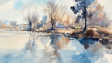 AI generated illustration of winter landscape in watercolor