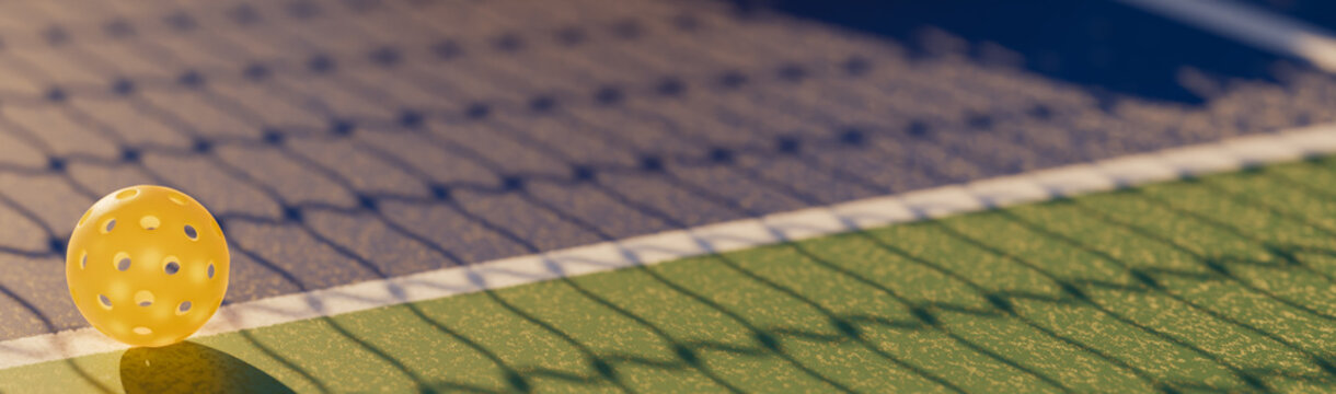 Pickleball balls lie on the court in the shade of a sports net. Banner 3D rendering.