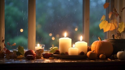 AI generated illustration of candles burning on a window ledge during winter night by a front window - obrazy, fototapety, plakaty