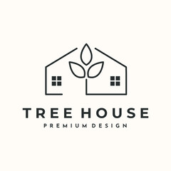 house of tree line art logo vector minimalist illustration design, nature tree house logo design