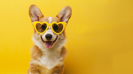 St. Valentine's Day card concept. Funny puppy dog corgi in yellow heart shaped glasses isolated on yellow background with copy space	
