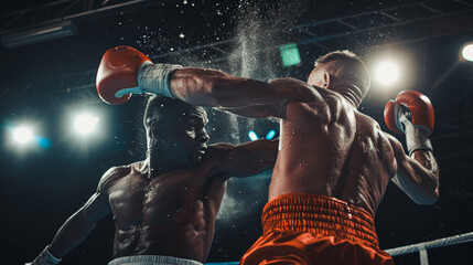Intense moment at a boxing match with dynamic punch and sweat flying