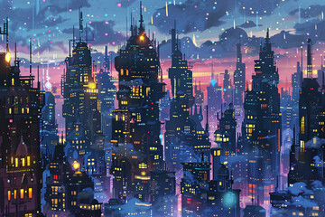 Vibrant futuristic cityscape with neon lights under a twilight sky - obrazy, fototapety, plakaty