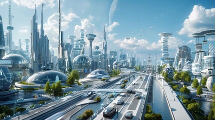 A futuristic cityscape with cars driving on a road