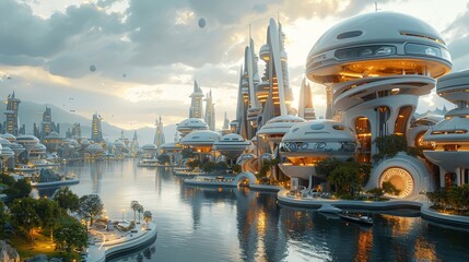 A futuristic city with tall buildings and a river in the background