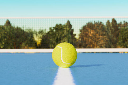 Tennis ball on the court line against the background of a sports court net. 3d rendering