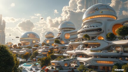 A futuristic city with tall buildings and a river in the background - obrazy, fototapety, plakaty